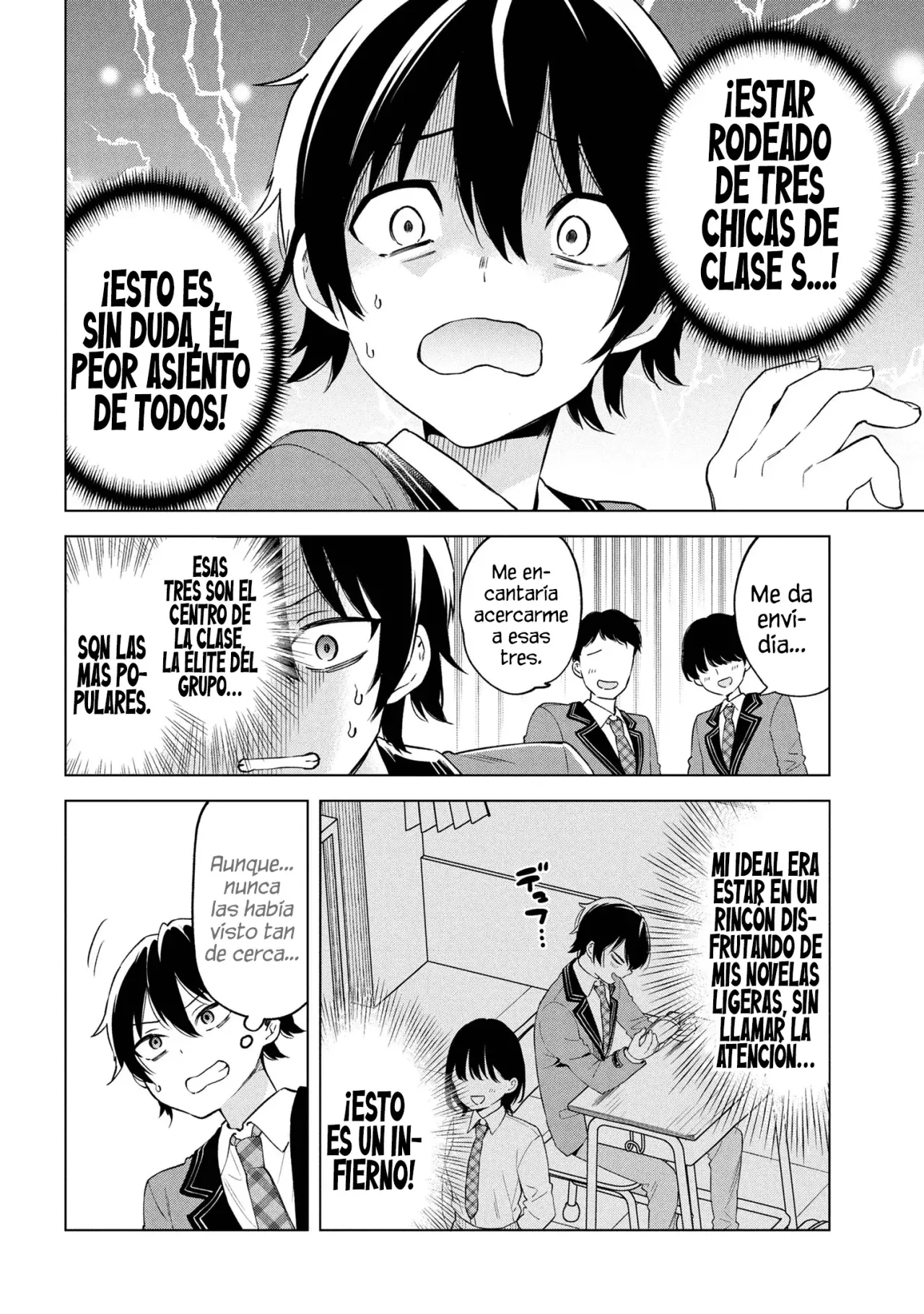 Soy un chico introvertido y, tras un cambio de asientos, terminé rodeado de chicas clase S y así comenzó nuestra relación secreta. Capitulo 1 página 13