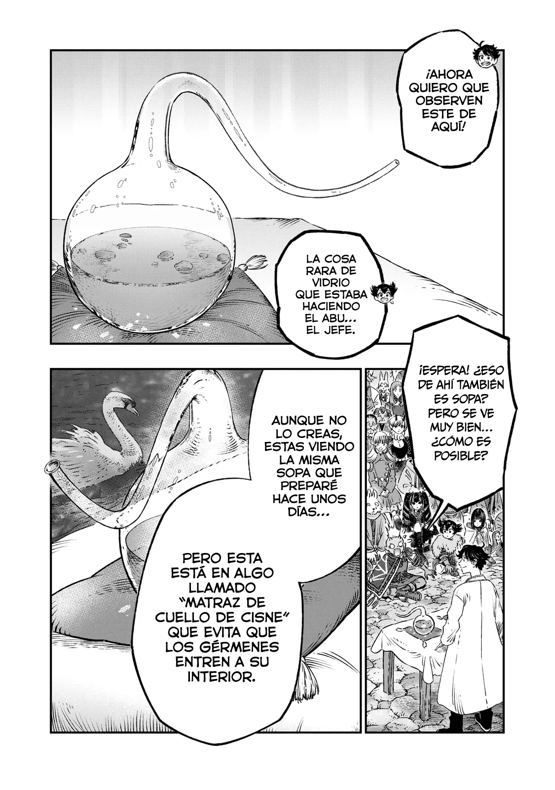 Koudou ni Hattatsu Shita Igaku wa Mahou to Kubetsu ga Tsukanai Capitulo 19: Matraz de Pasteur = Experimento del matraz cuello de cisne. página 16