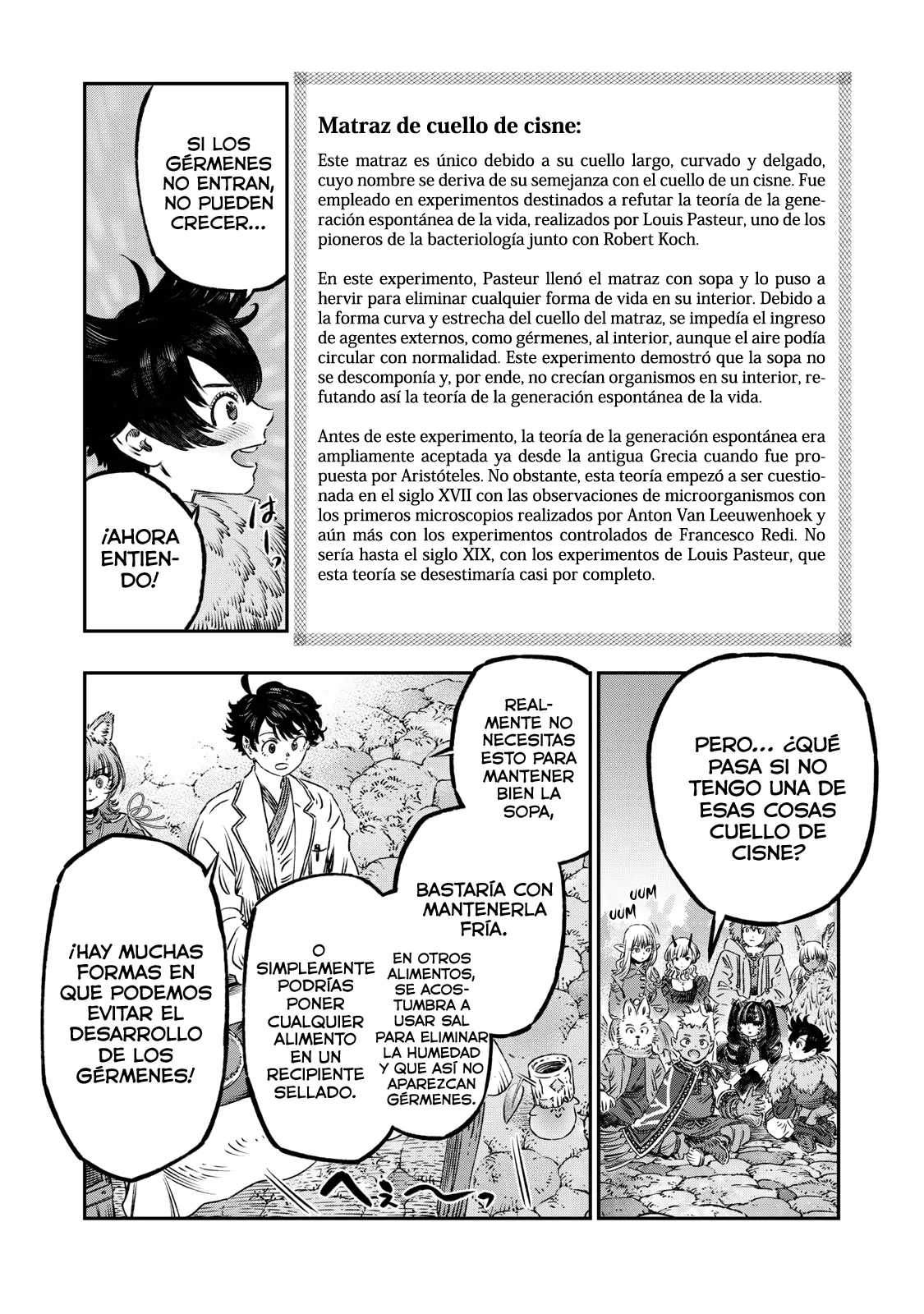 Koudou ni Hattatsu Shita Igaku wa Mahou to Kubetsu ga Tsukanai Capitulo 19: Matraz de Pasteur = Experimento del matraz cuello de cisne. página 17